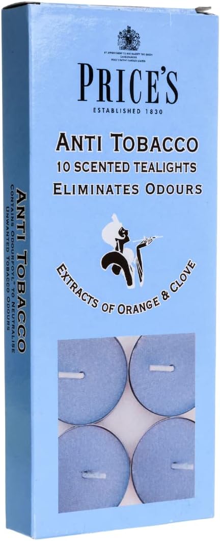 Set of 10 Price's Candle scented tealights designed to reduce tobacco odor, ideal for creating a fresh atmosphere.