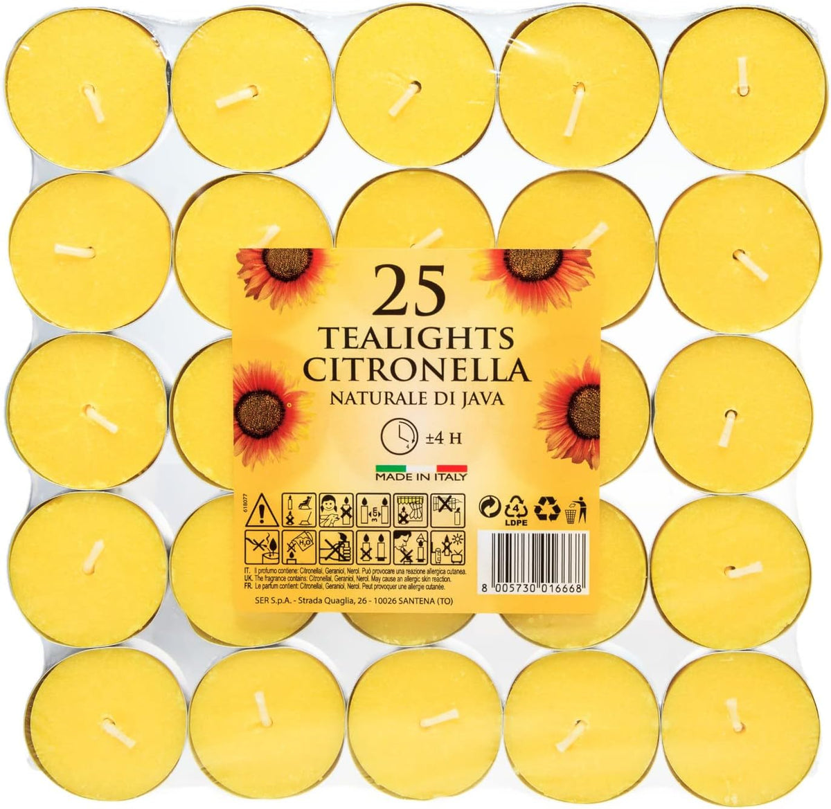Set of 25 Price's Candle citronella tealight scented candles in small metal cups for outdoor use and mosquito repellent.