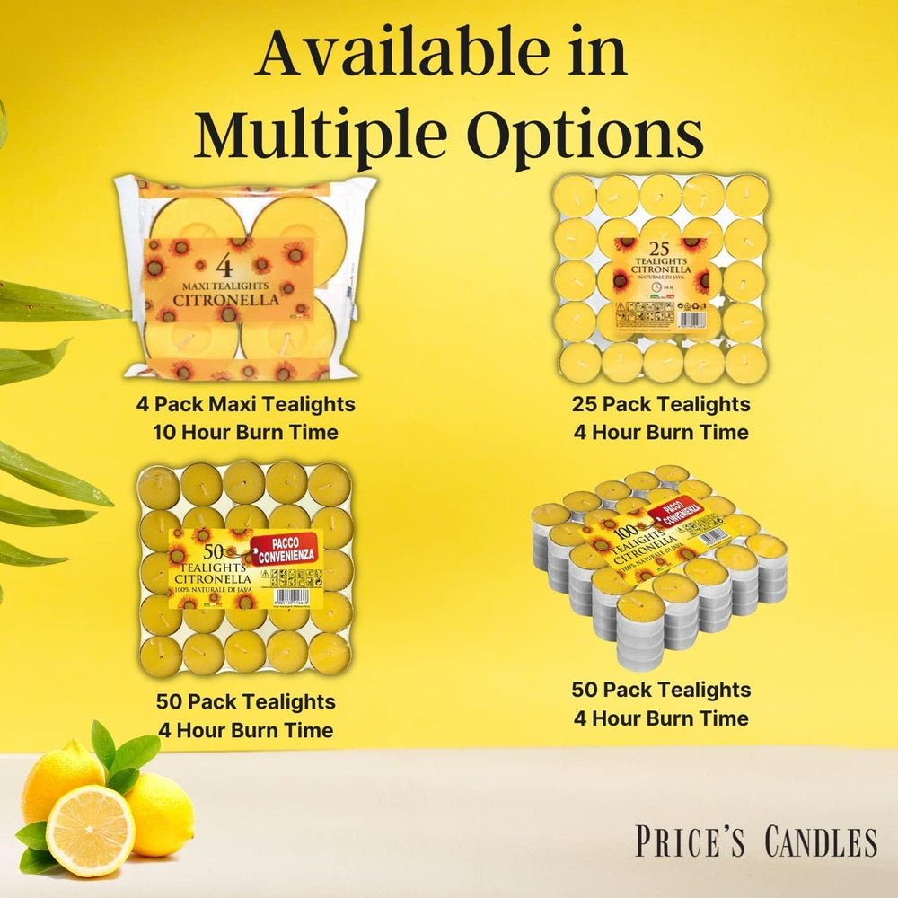 Set of 25 Price's Candle citronella tealight candles, scented for outdoor use, in small round containers.