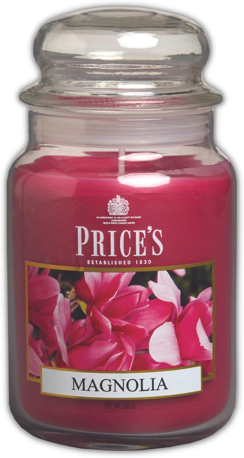 Large jar scented candle by Price's Candle with Magnolia fragrance, showcasing the elegant jar and floral design.