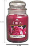 Large jar scented candle by Price's Candle featuring a Magnolia fragrance, with a decorative label and a lit wick.