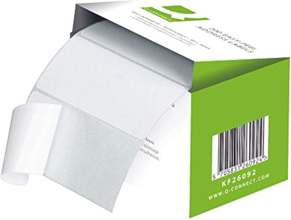 Q-Connect self-adhesive white address labels, 89 x 36mm, 200 labels on roll, ideal for mailing and organization.