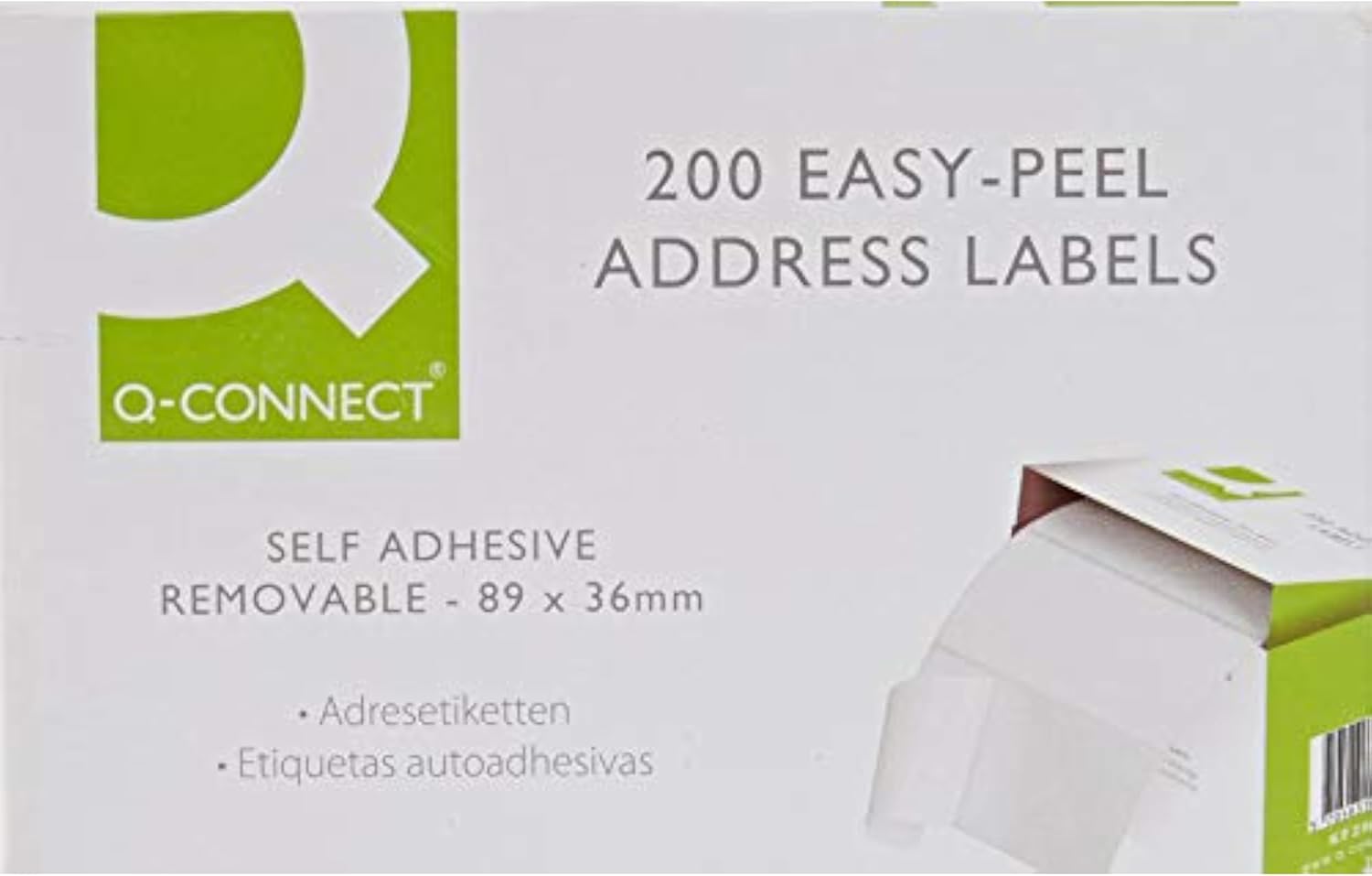 Q-Connect self-adhesive white address labels, 89 x 36mm, on a roll, ideal for mailing and organizational labeling.