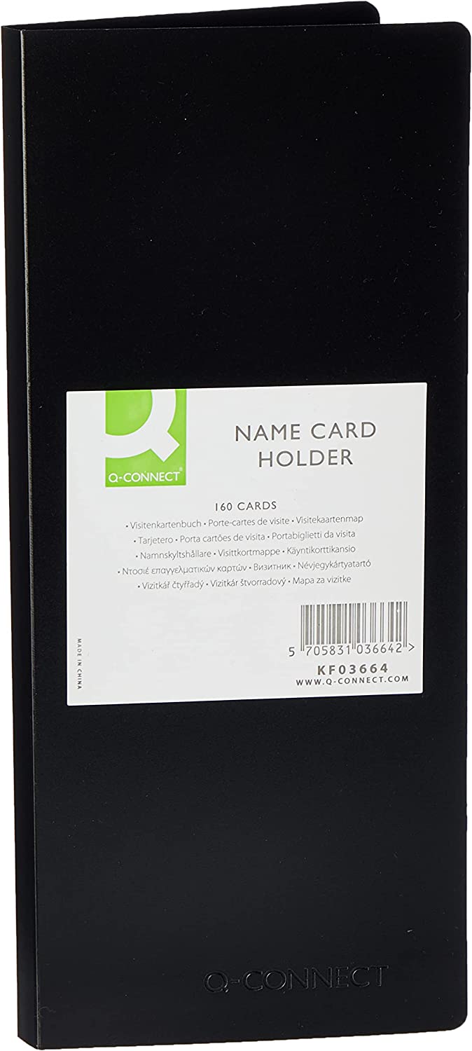 Black Q-Connect polypropylene business card holder holding up to 160 cards, designed for organization and professional use.