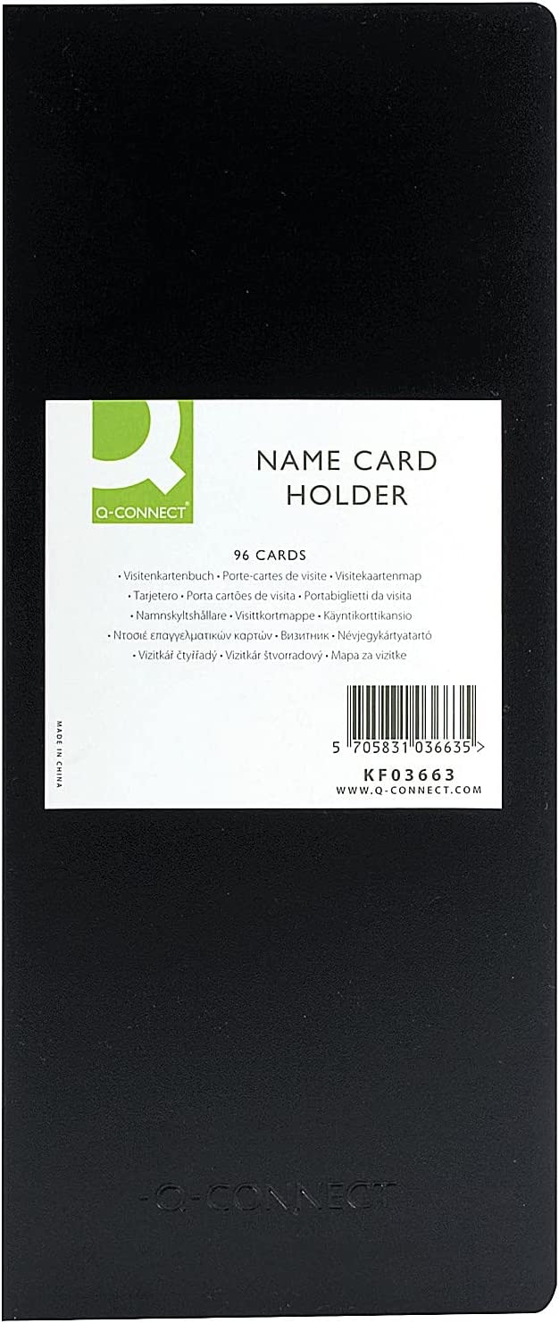 Black Q-Connect polypropylene business card holder holding 96 cards, designed for organizing and protecting name cards.