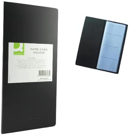 Black Q-Connect polypropylene business card holder with 96 slots for name cards, compact and durable for office use.