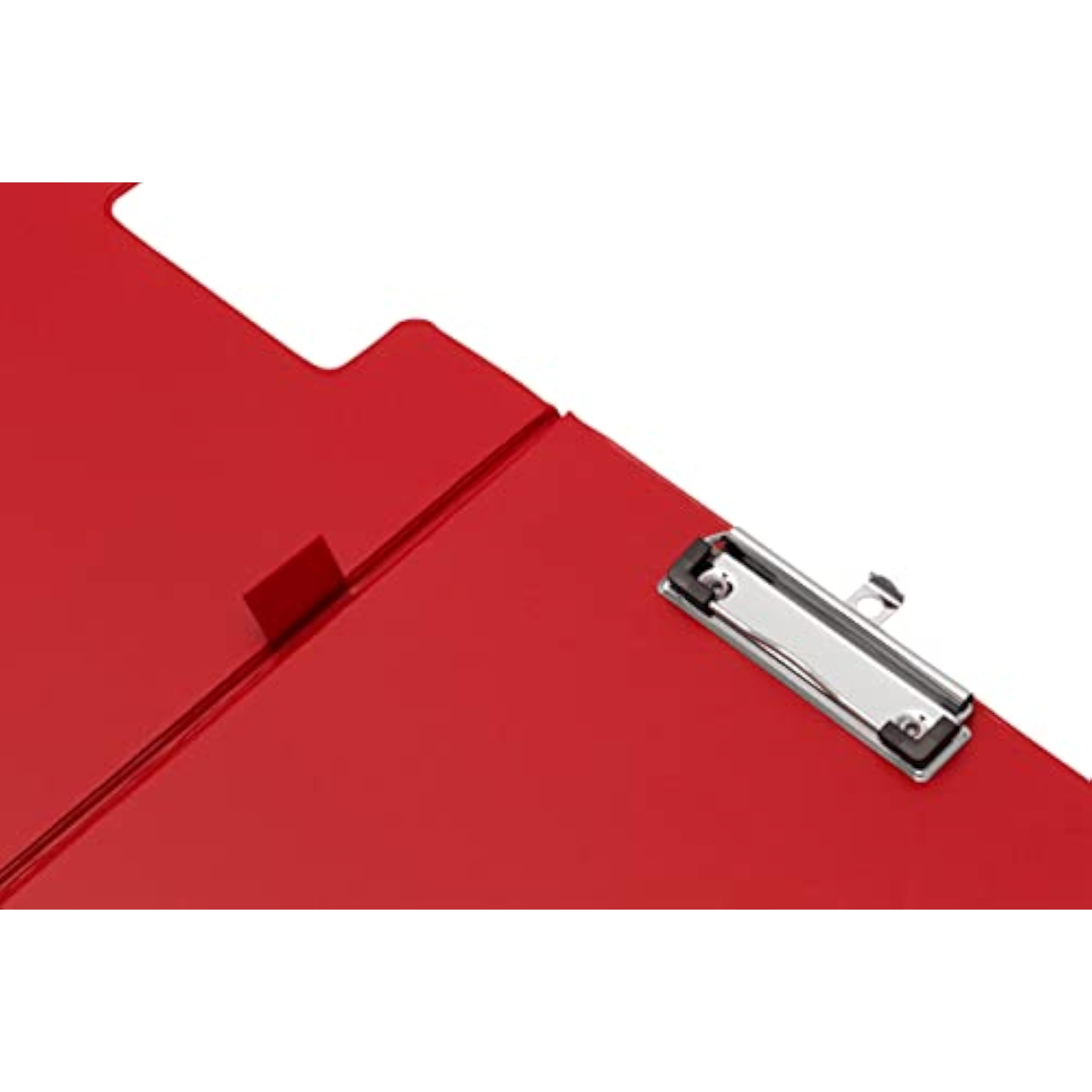Q-Connect foolscap red PVC foldover clipboard with clip for holding documents, durable and lightweight for easy use.