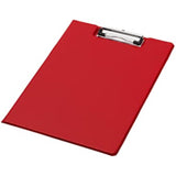 Red PVC foldover foolscap clipboard by Q-Connect, featuring a sturdy design with a foldover cover for secure paper holding.