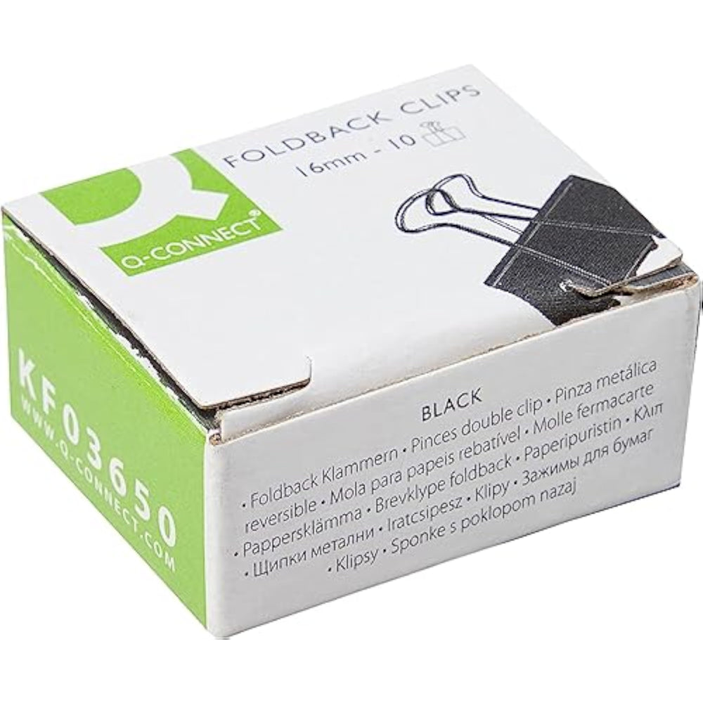 Q-Connect black foldback clips, 16mm size, pack of 10, used for holding papers securely with metal clips.