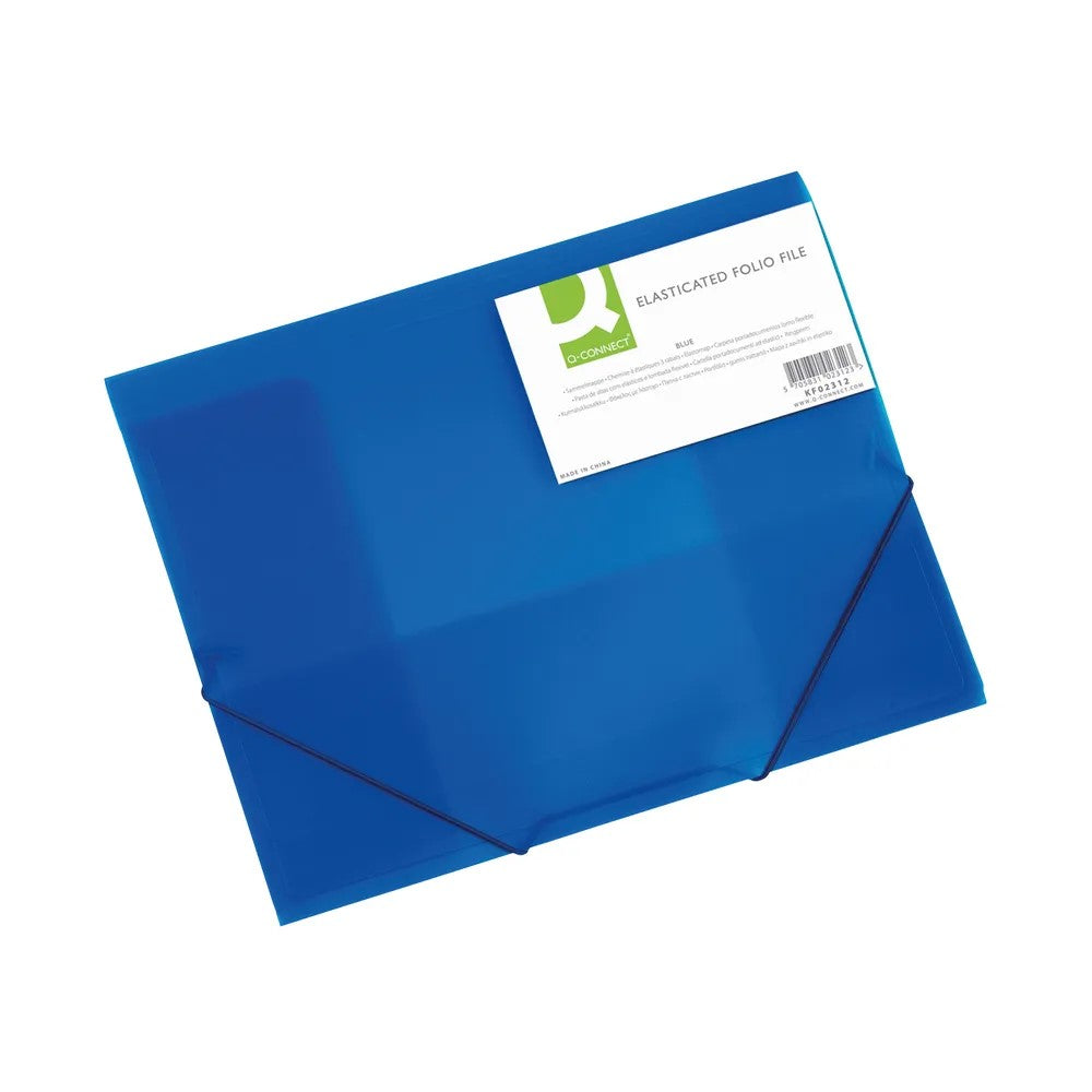 Blue Q-Connect elasticated A4 folder with three flaps and secure elastic closure for organized document storage.
