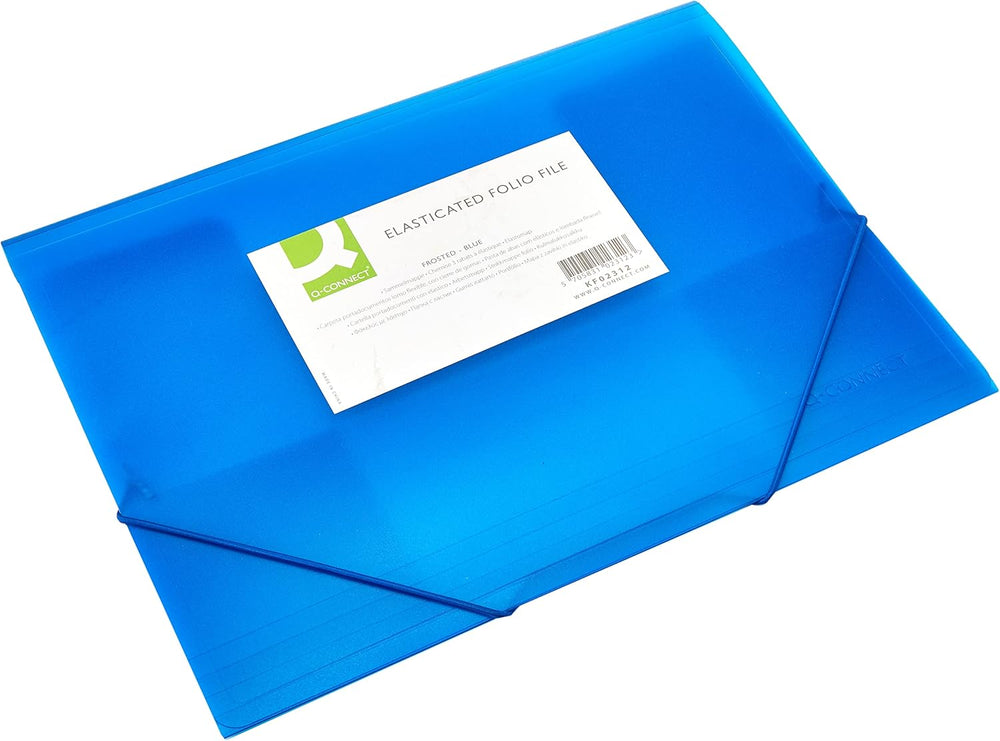 Blue Q-Connect elasticated A4 folder with three flaps, designed for organized document storage and easy access.