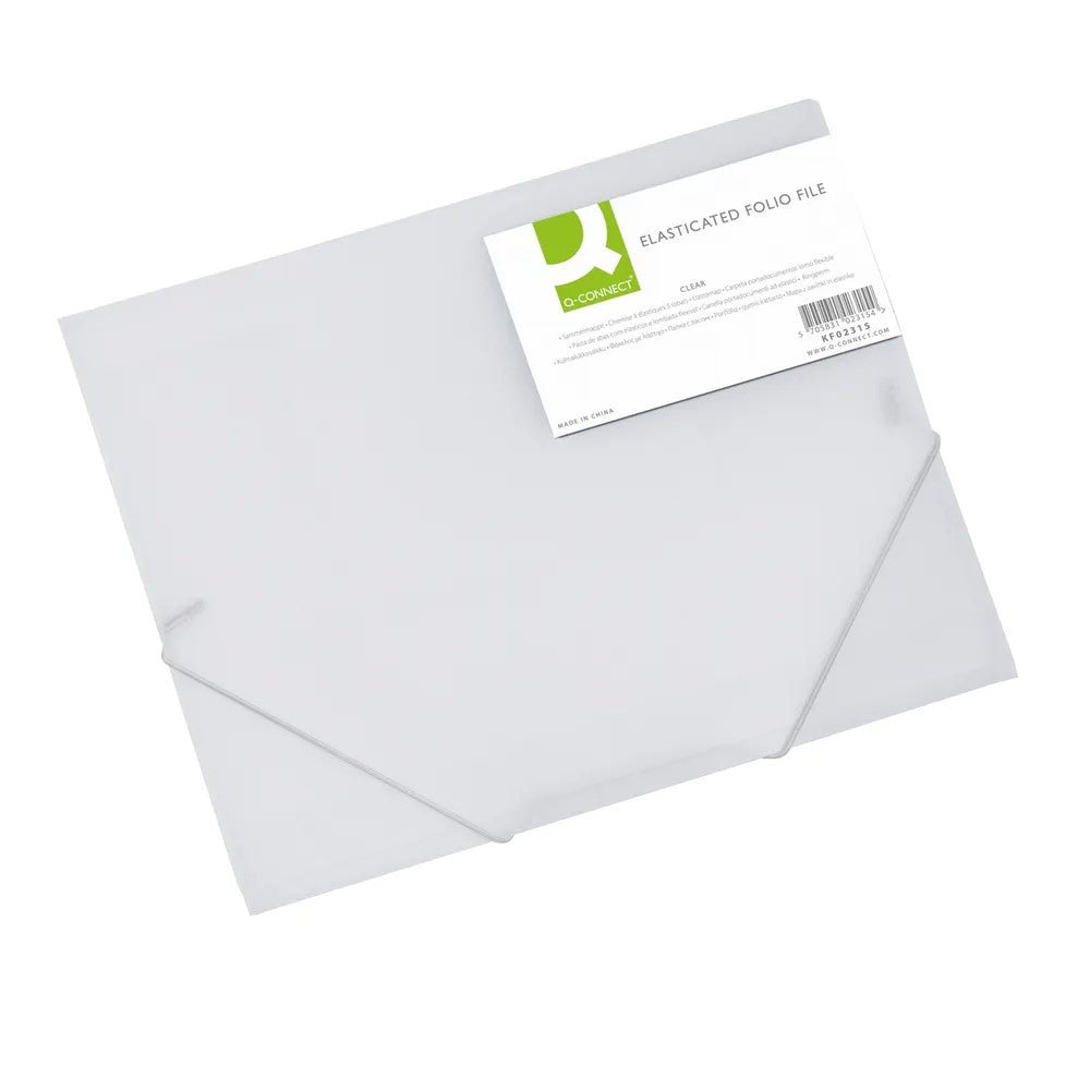 Q-Connect elasticated A4 folder with three flaps and clear cover for secure document storage.