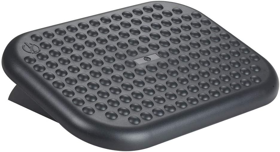 Black Q-Connect economy footrest with tilt action platform, measuring 448 x 325mm, designed for ergonomic support.