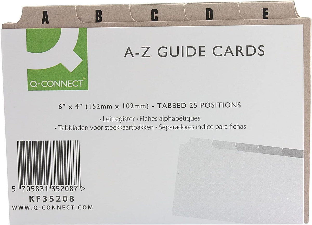 Q-Connect 6x4 inch index cards with A-Z buff guide, pack of 25, ideal for organization and note-taking.