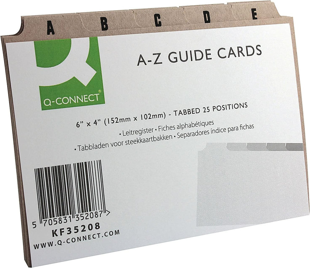 Q-Connect 6x4 inch index cards with A-Z buff guide, pack of 25 for organization and note-taking.