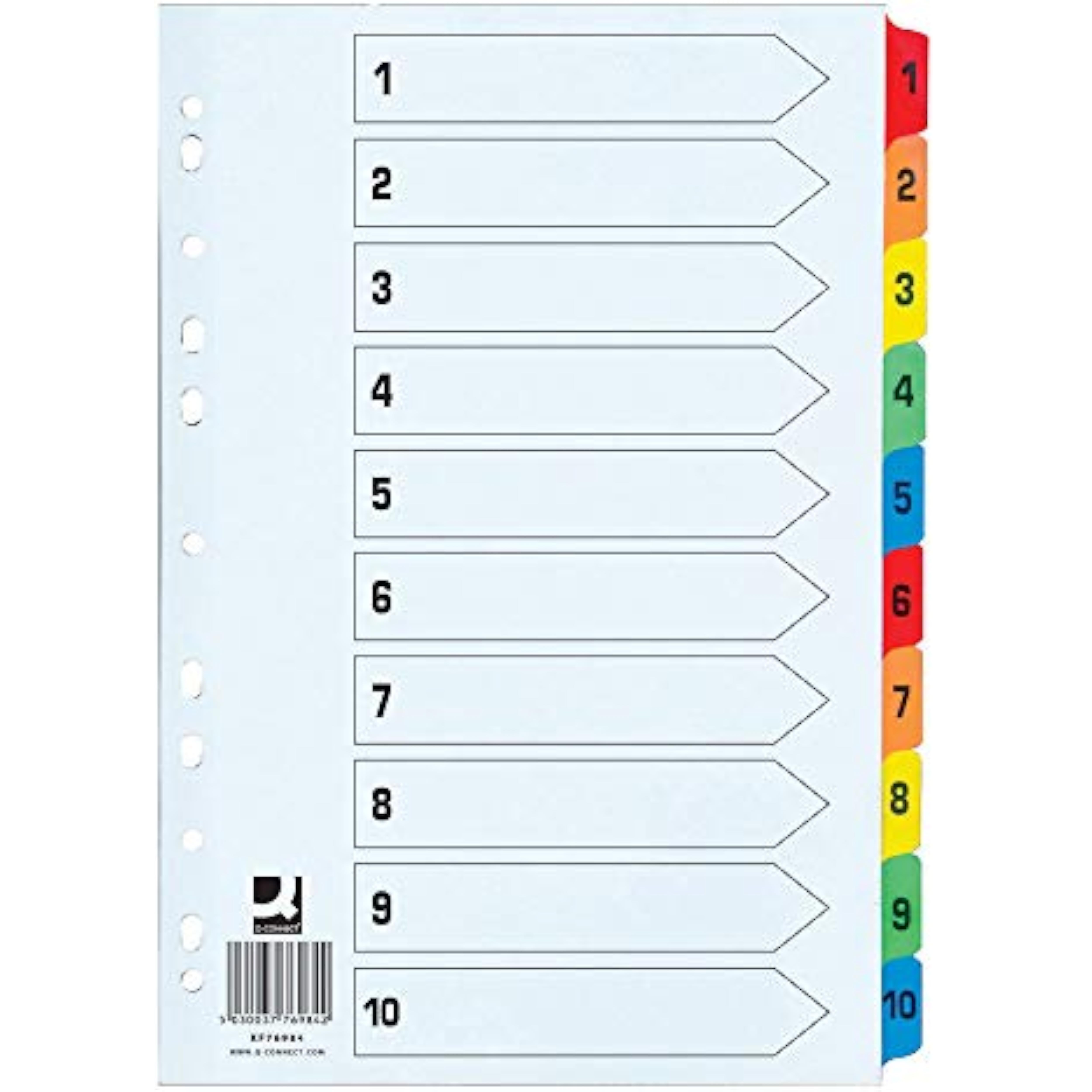 Q-Connect 1-10 Index Tabs, extra-wide reinforced multi-color tabs for organizing documents, shown in bulk pack