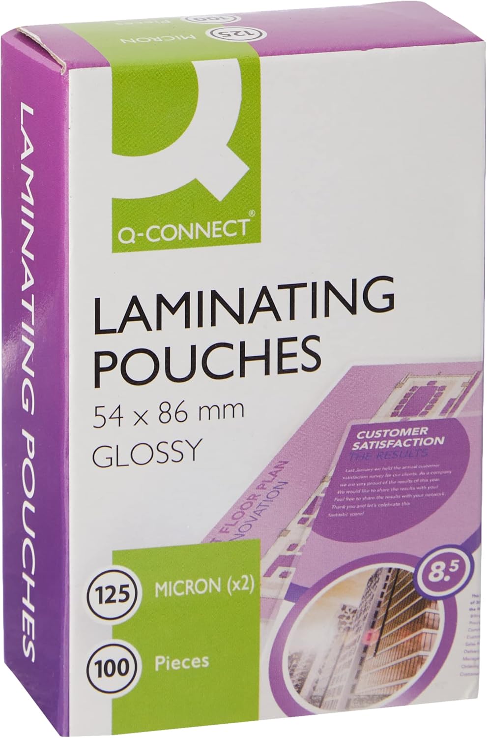 Q-Connect pack of 100 laminating pouches, 54x86mm, 250 micron thickness, clear plastic pouches for laminating documents.