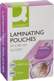Q-Connect pack of 100 laminating pouches, 54x86mm, 250 micron thickness, clear plastic pouches for laminating documents.