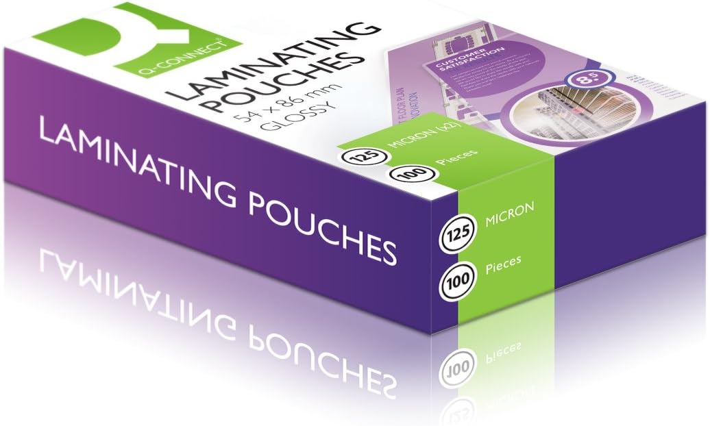 Q-Connect pack of 100 laminating pouches, 54 x 86mm size, 250 micron thickness, ideal for protecting documents.
