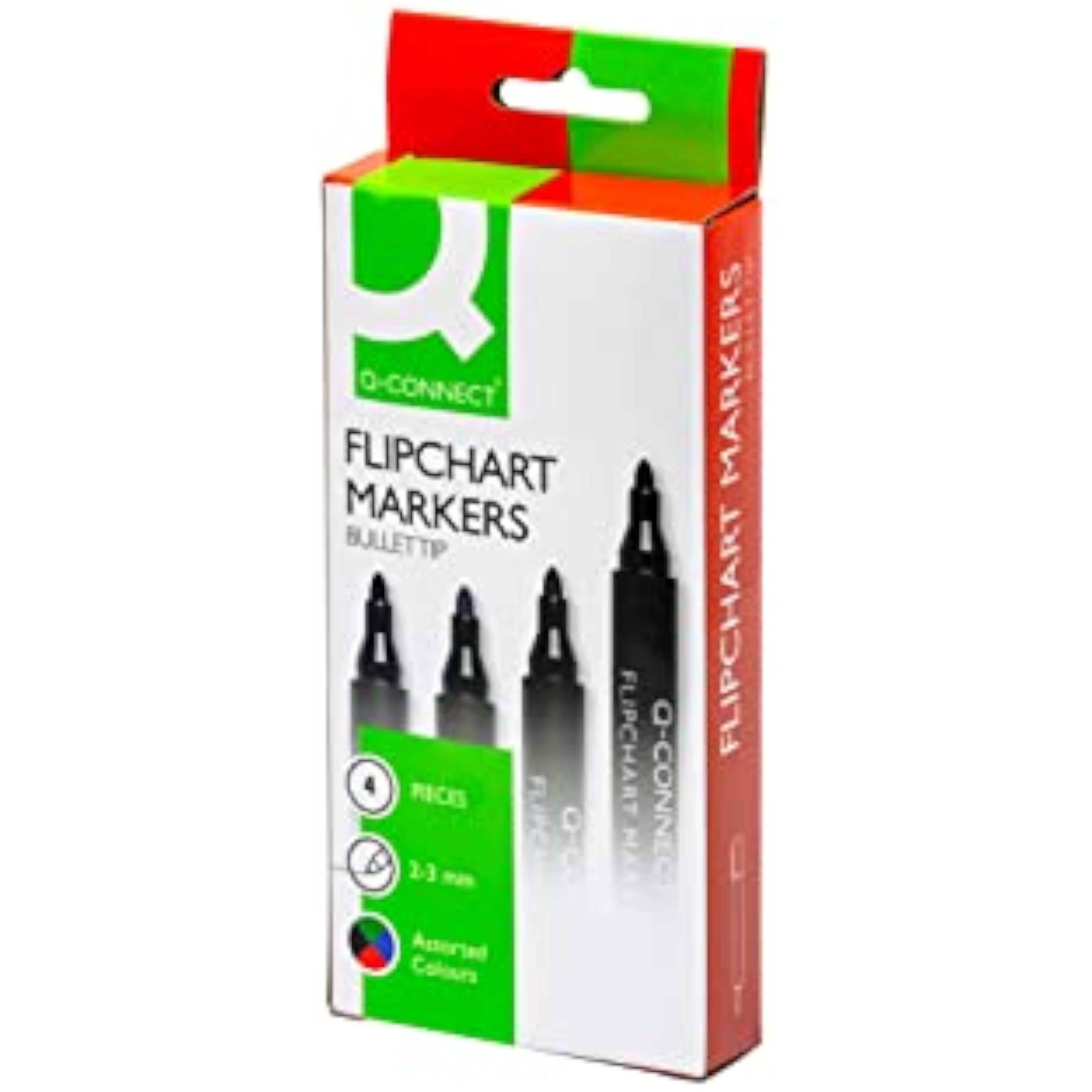Q-Connect flipchart marker pens with bullet tips, set of four assorted colors for writing and drawing on flipcharts.