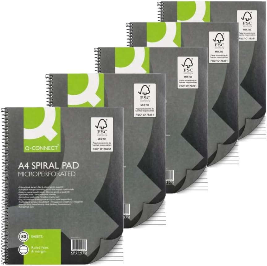Q-Connect ruled margin spiral soft cover notebooks, A4 size, 160 pages, pack of 5, ideal for note-taking and organization.