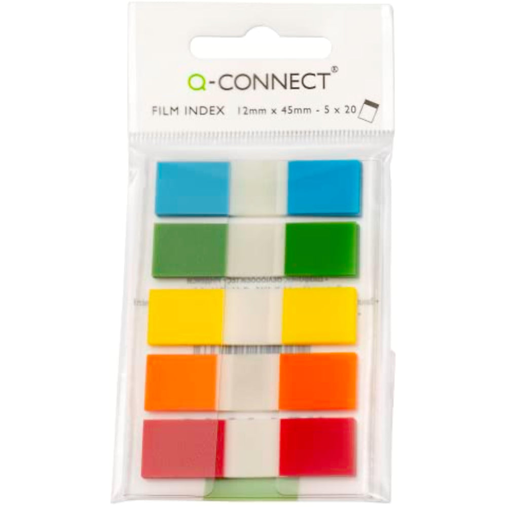 Q-Connect assorted 0.5 inch colored page markers, set of 5, for highlighting and organization in notebooks and documents.