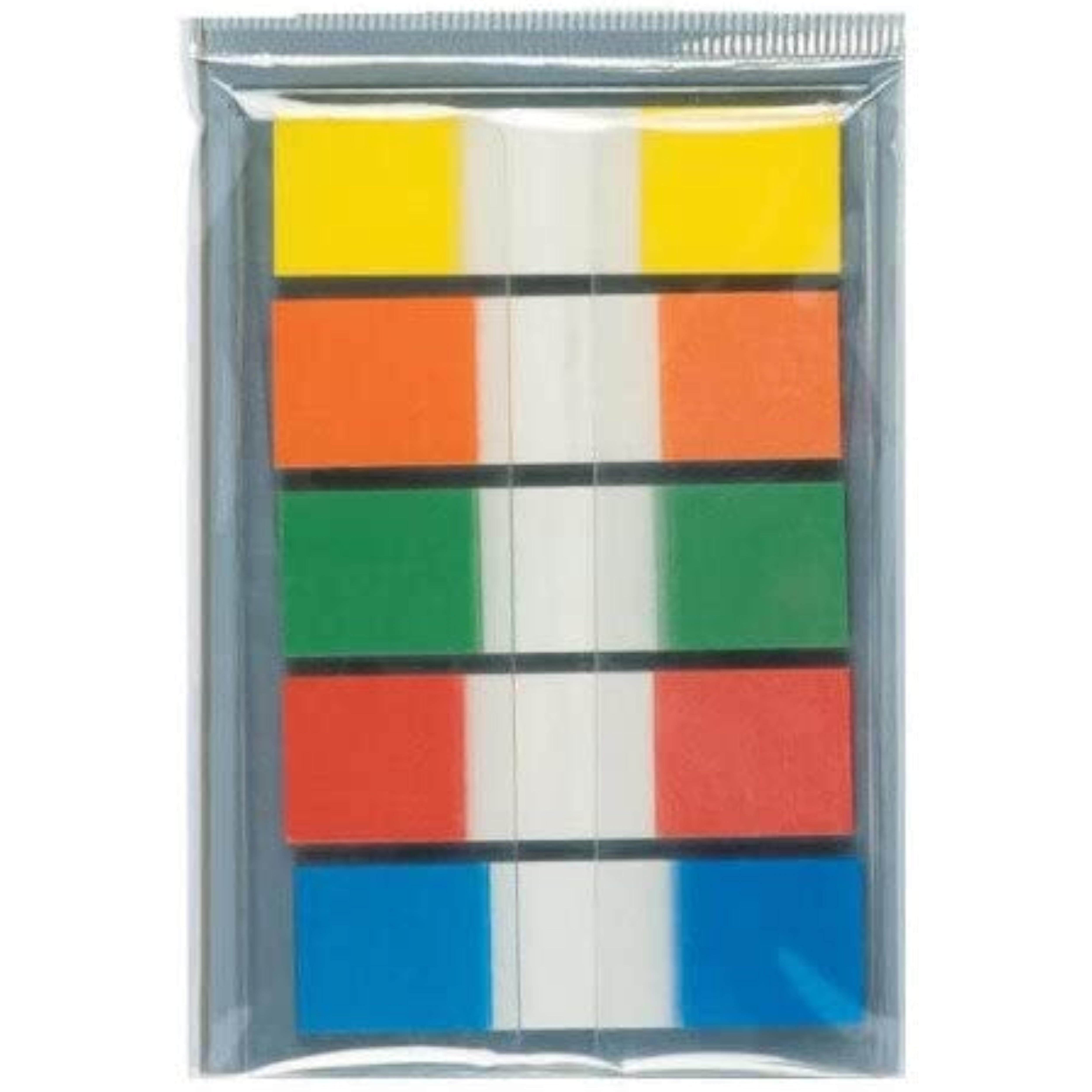 Q-Connect assorted 0.5-inch color page markers, five-pack, ideal for highlighting and organizing pages.