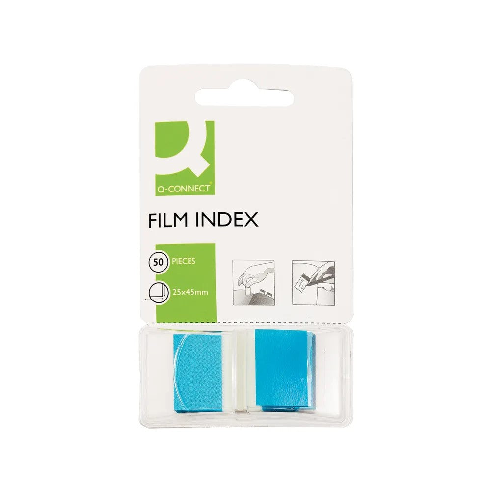 Blue Q-Connect 1-inch page markers, pack of 50, for highlighting and organizing documents and pages.