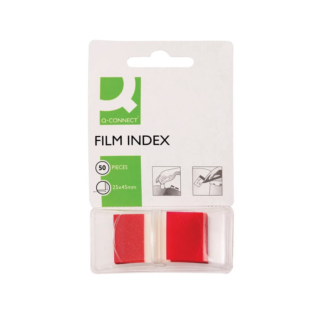 Red Q-Connect 1-inch page markers, pack of 50, designed for marking pages in notebooks, binders, or documents.