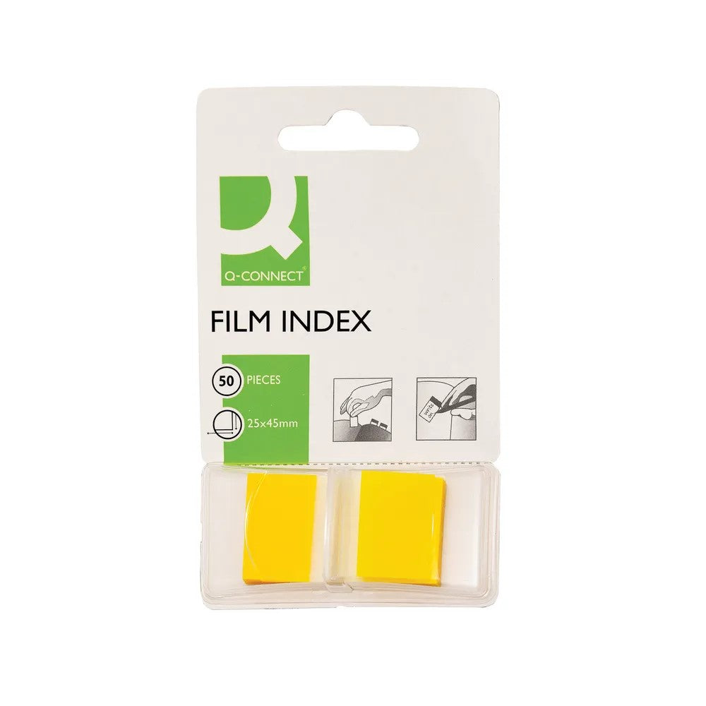 Yellow Q-Connect 1-inch page markers in a pack of 50, used for marking pages in notebooks or binders.