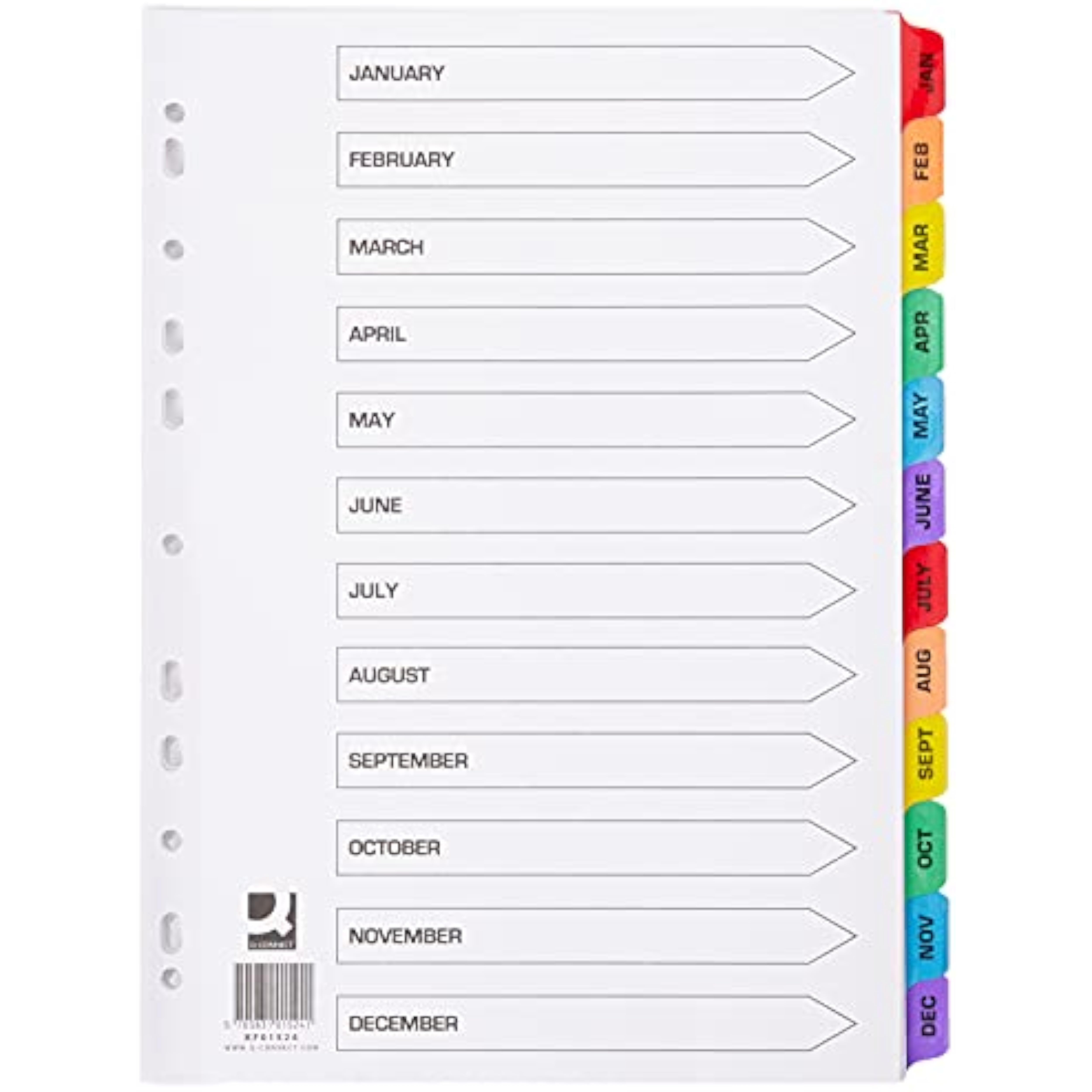 Q-Connect VW A4 pre-printed multi-punched index tabs in January to December, reinforced multi-color design for easy organization.