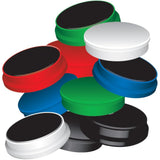 Set of 10 assorted Q-Connect round magnets, 25mm diameter, featuring colorful magnetic surfaces for office or craft use.