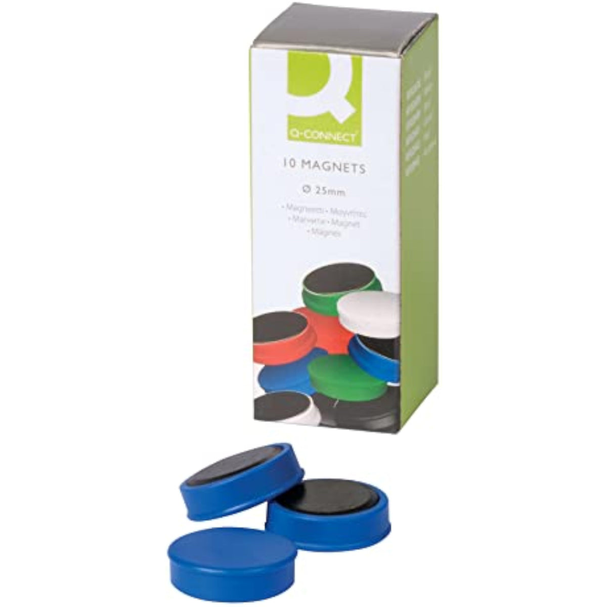 Set of 10 blue Q-Connect round magnets, 25mm diameter, used for magnetic surfaces and display purposes.