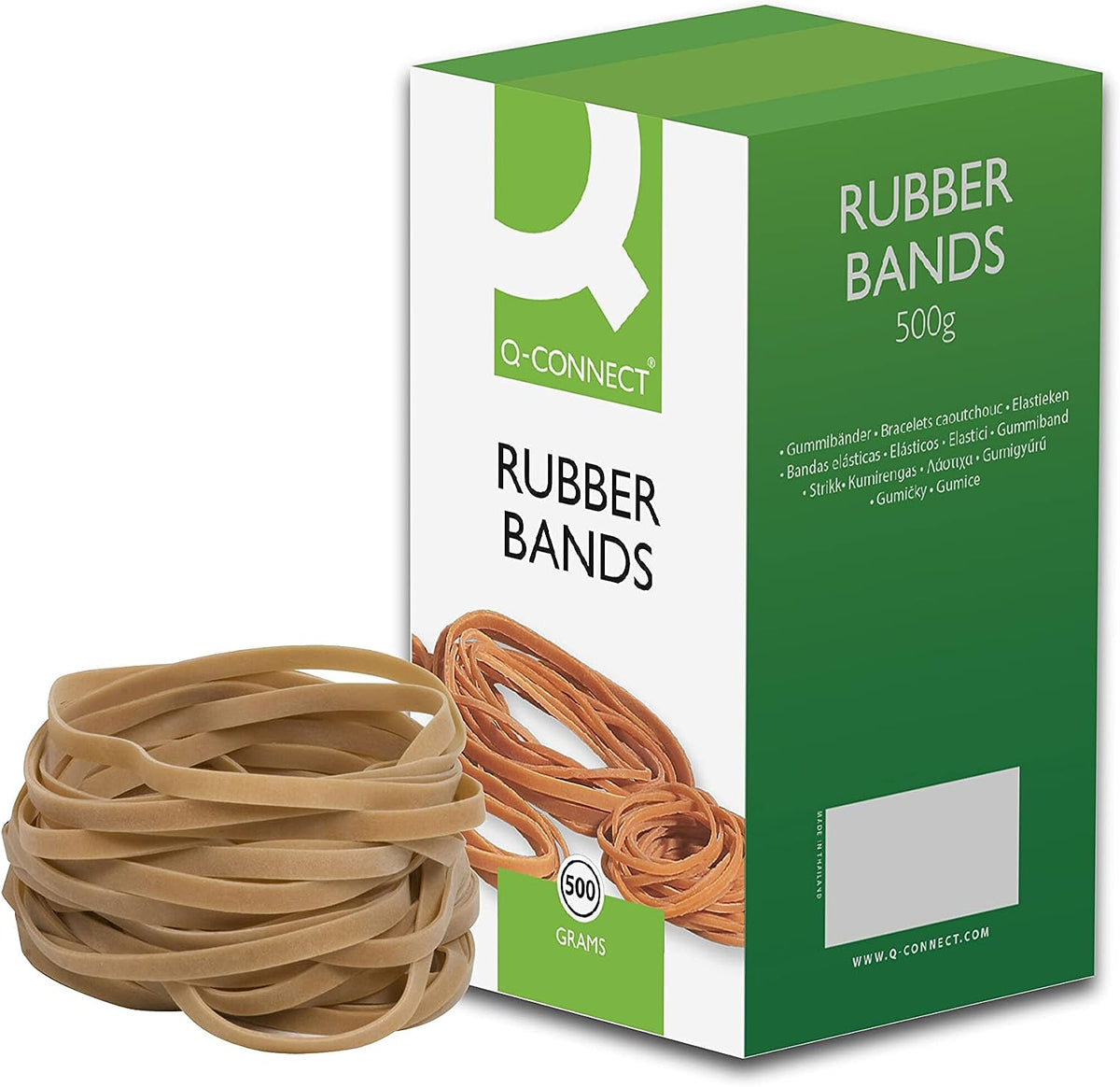 Q-Connect rubber bands, 6 x 150mm No. 69, 500g pack, durable elastic bands for securing and organizing items.
