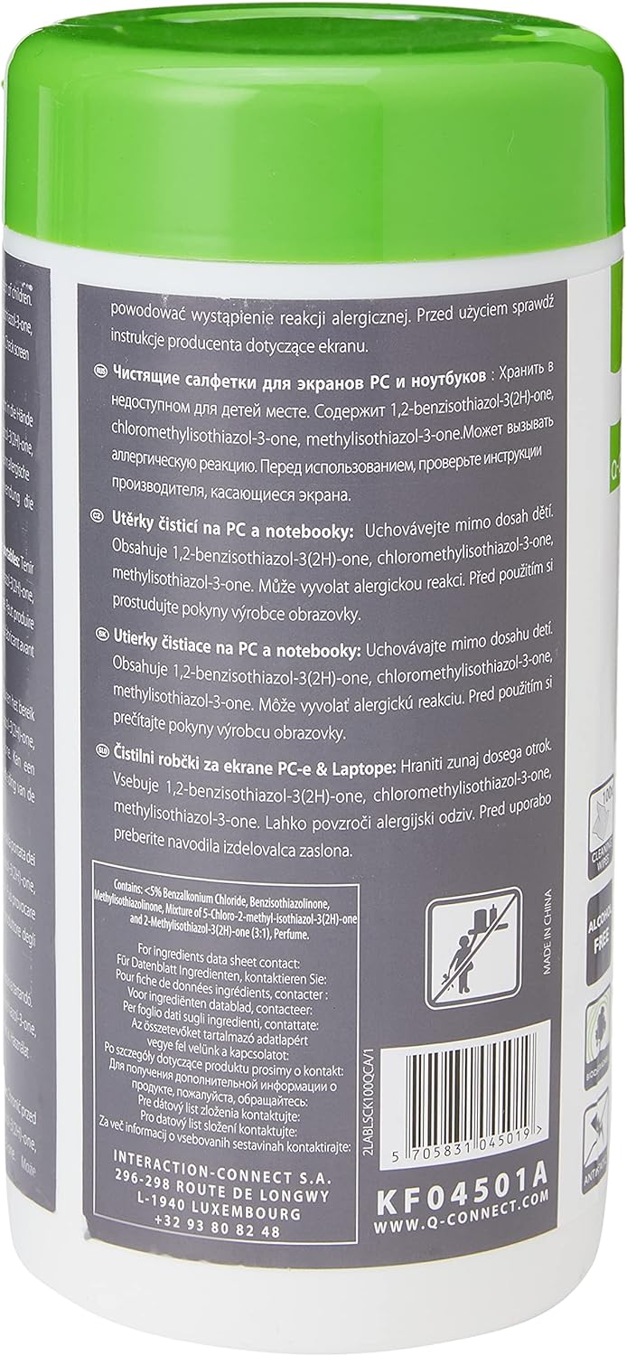 Q-Connect screen cleaning wet wipes for electronic screens, featuring soft, convenient wipes for cleaning and maintaining device displays.
