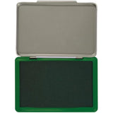 Green large stamp pad by Q-Connect, showing the inked surface and durable pad suitable for rubber stamps.