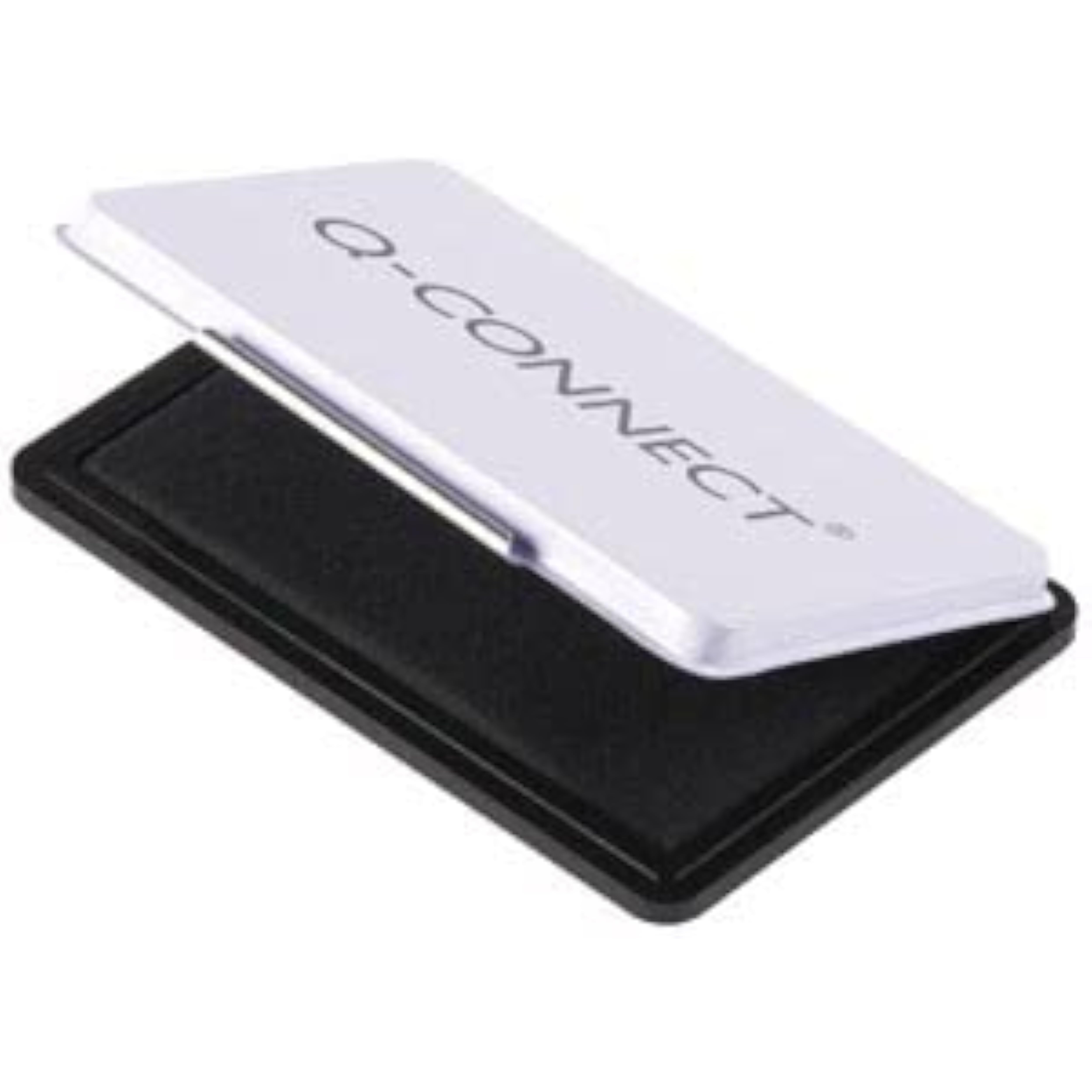 Q-Connect medium black stamp pad showing inked surface and soft foam pad for stamping use.