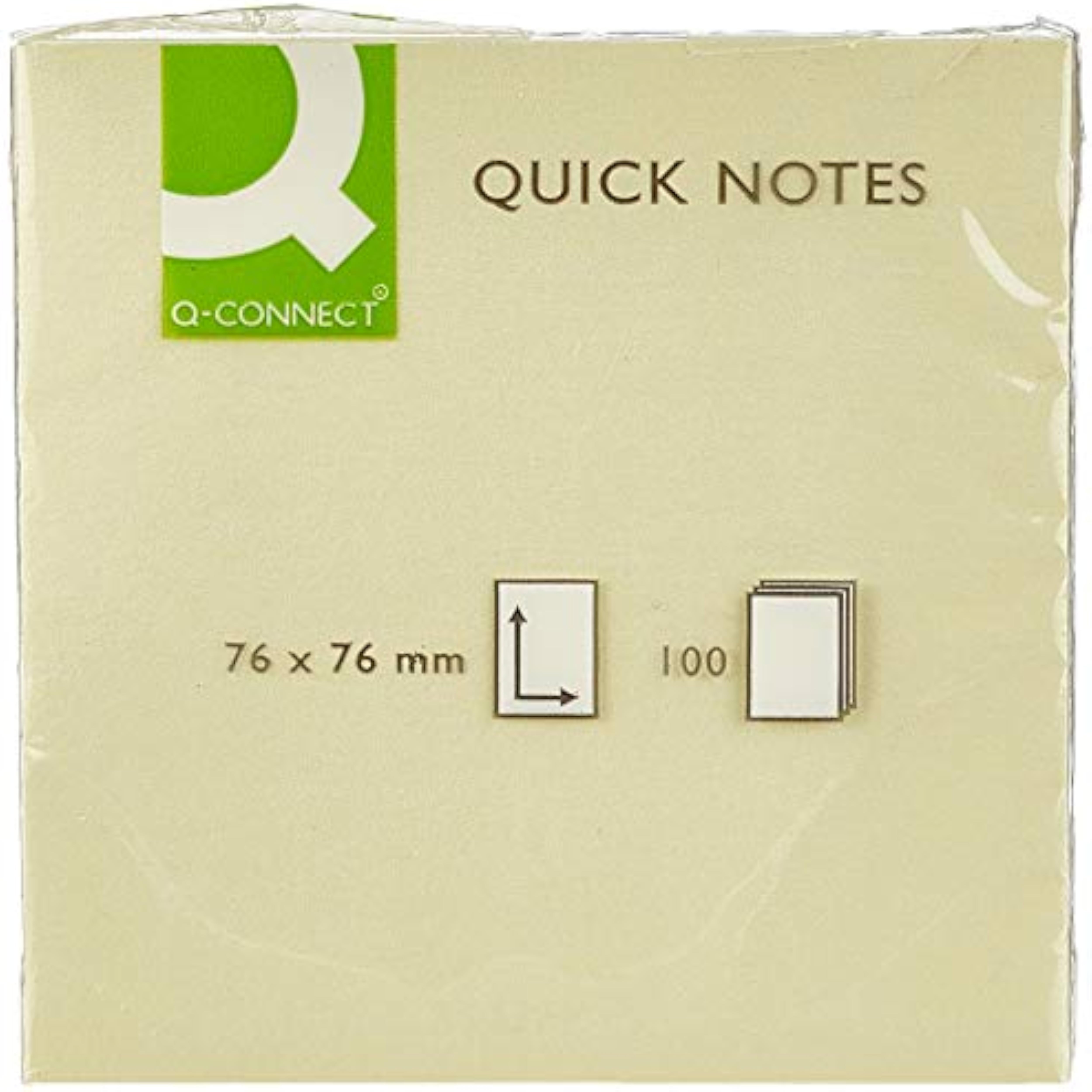 Q-Connect sticky note pad with 76x76mm sheets, 100 sheets of yellow sticky notes for quick reminders and notes.