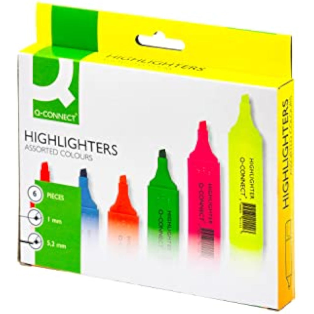 Q-Connect assorted highlighter pens on strung tags, featuring six vibrant colors for highlighting and marking.