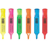 Q-Connect assorted 6 highlighter pens with strung tags, featuring bright colors and chisel tips for highlighting and marking.