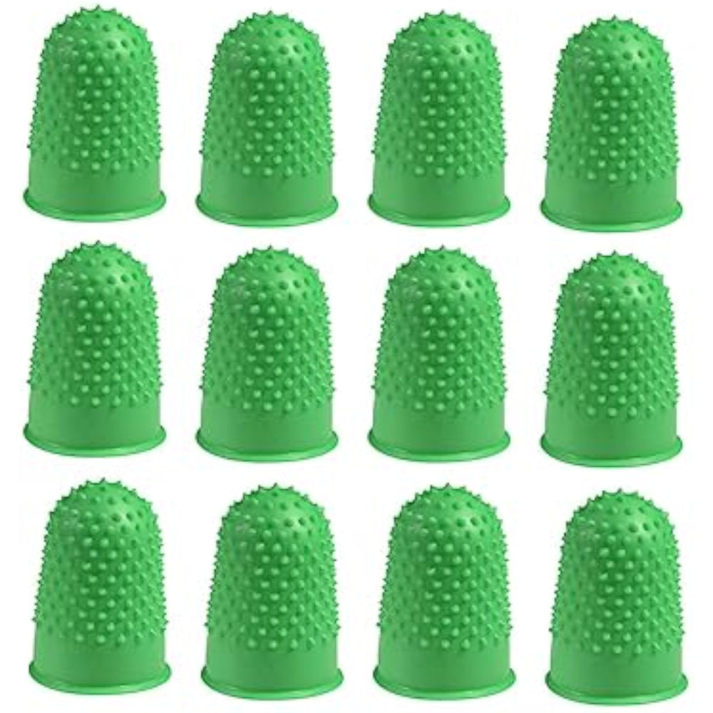 Q-Connect green thimblettes size 0, 16mm, pack of 12, flexible sewing and craft tools for finger protection and precision.