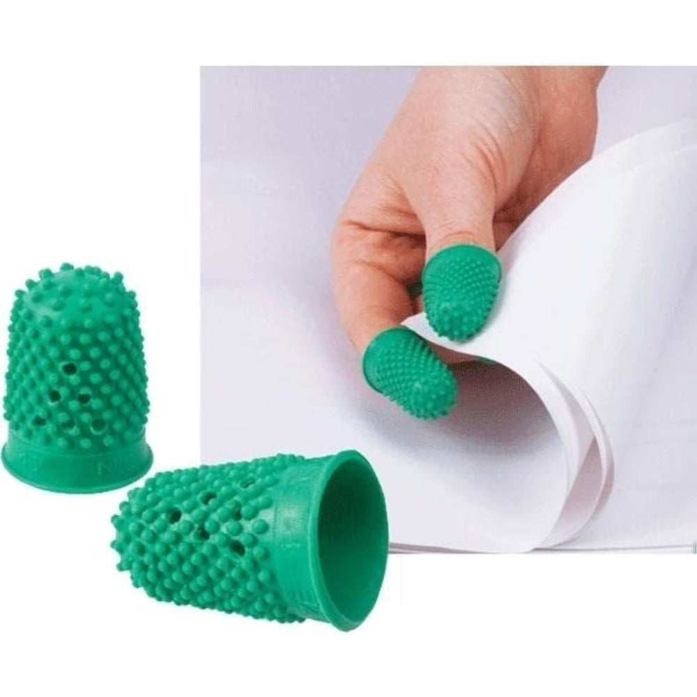 Pack of 12 Q-Connect green size 0 16mm thimblettes, small sewing tools for finger protection and fabric sewing tasks.