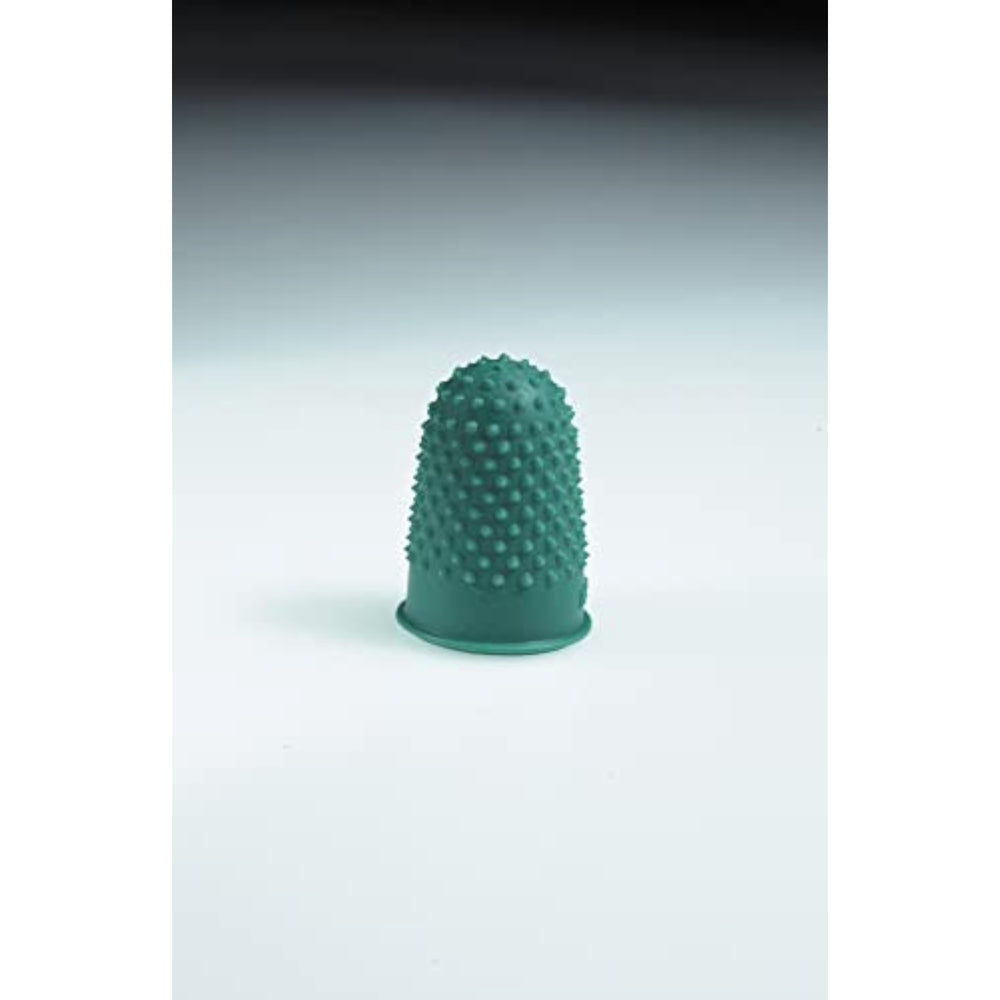 Q-Connect green thimblettes size 0, 16mm, pack of 12, small rubber grips for sewing and craft projects.
