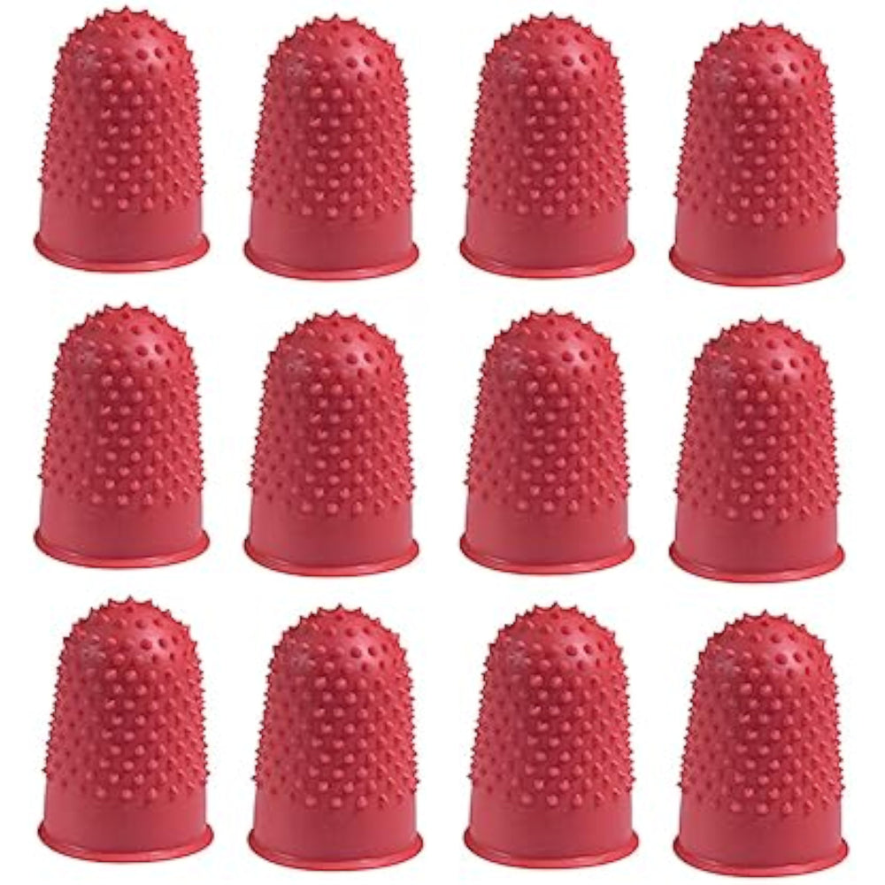 Red Q-Connect Thimblettes Size 00 pack of 12, small protective thimbles for sewing or crafting.