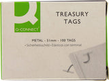 Green metal Q-Connect Treasury Tags, 51mm, with 100 tags displayed on a flat surface.