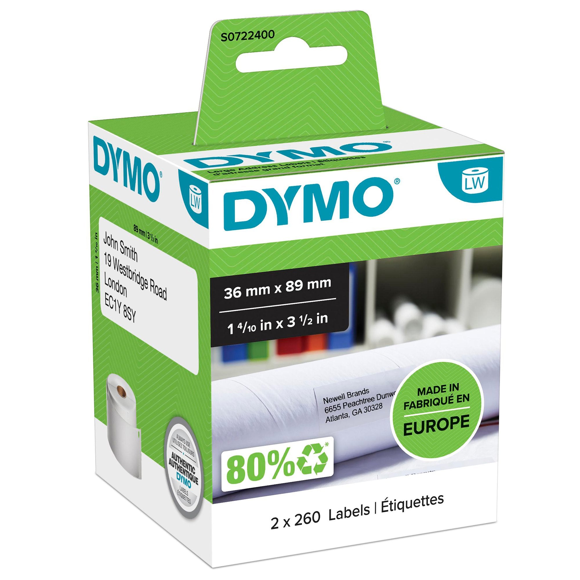 Dymo LabelWriter Large Address Label 36x89mm 260 Labels Per Roll White (Pack 2) - S0722400