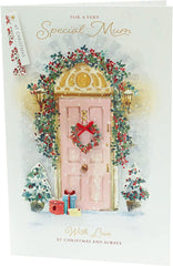 Pretty Pink Christmas Door Lovely Mum Christmas Card – Festive Elegant Design