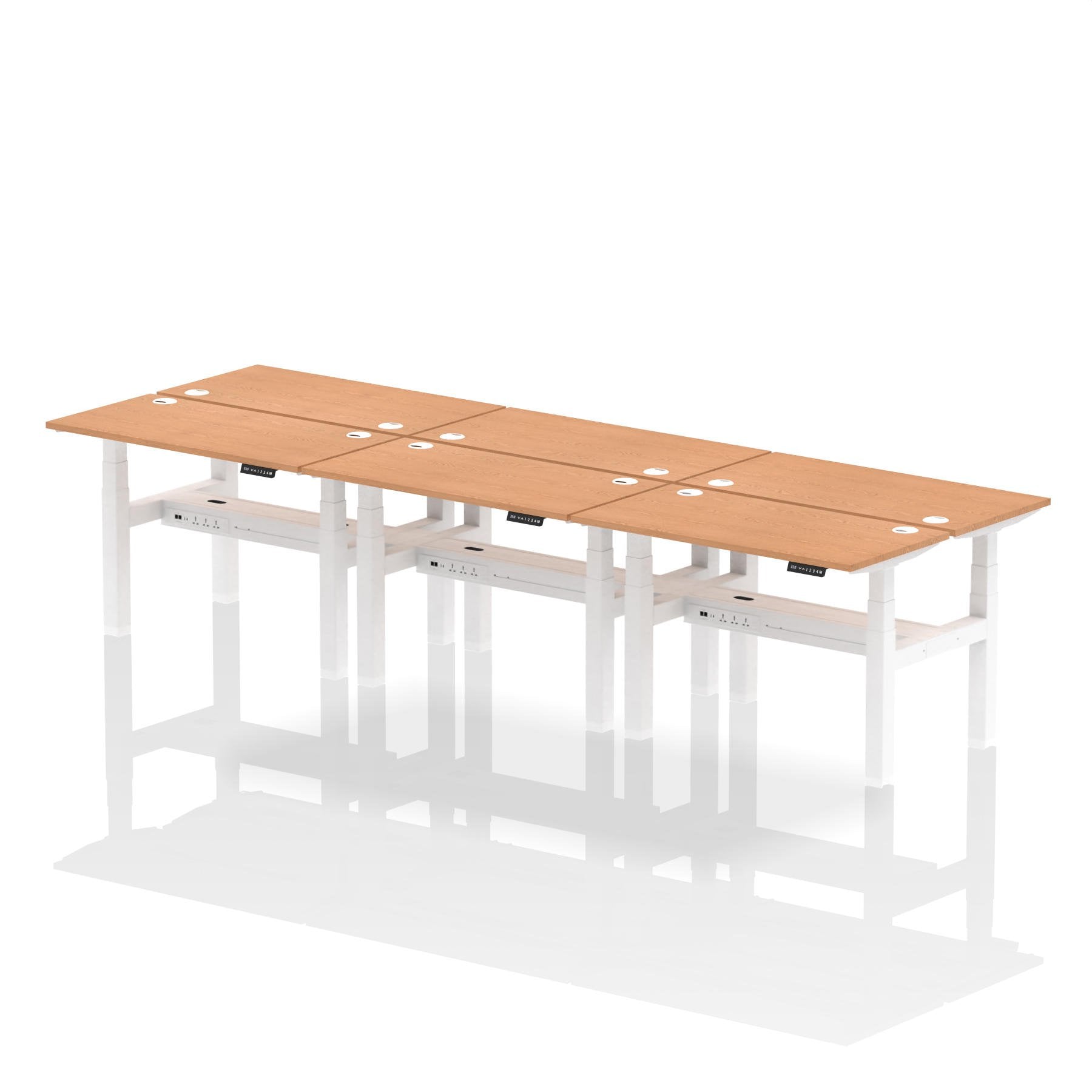Dynamic Air Back-to-Back W1200 x D600mm Height Adjustable Sit Stand 6 Person Bench Desk With Cable Ports Oak Finish White Frame - HA01624 DD