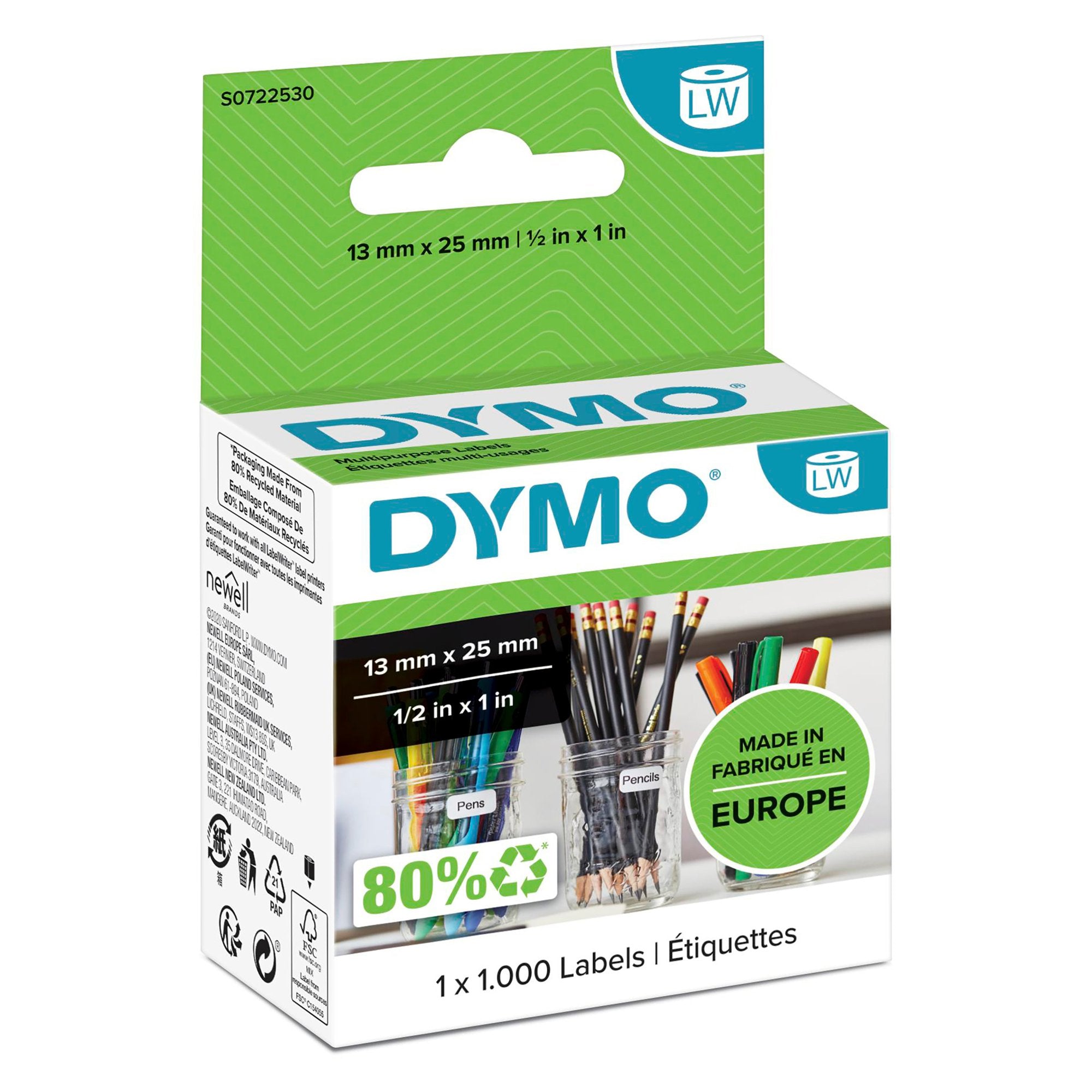 Dymo LabelWriter Multipurpose Label 13x25mm 1000 Labels Per Roll White - S0722530