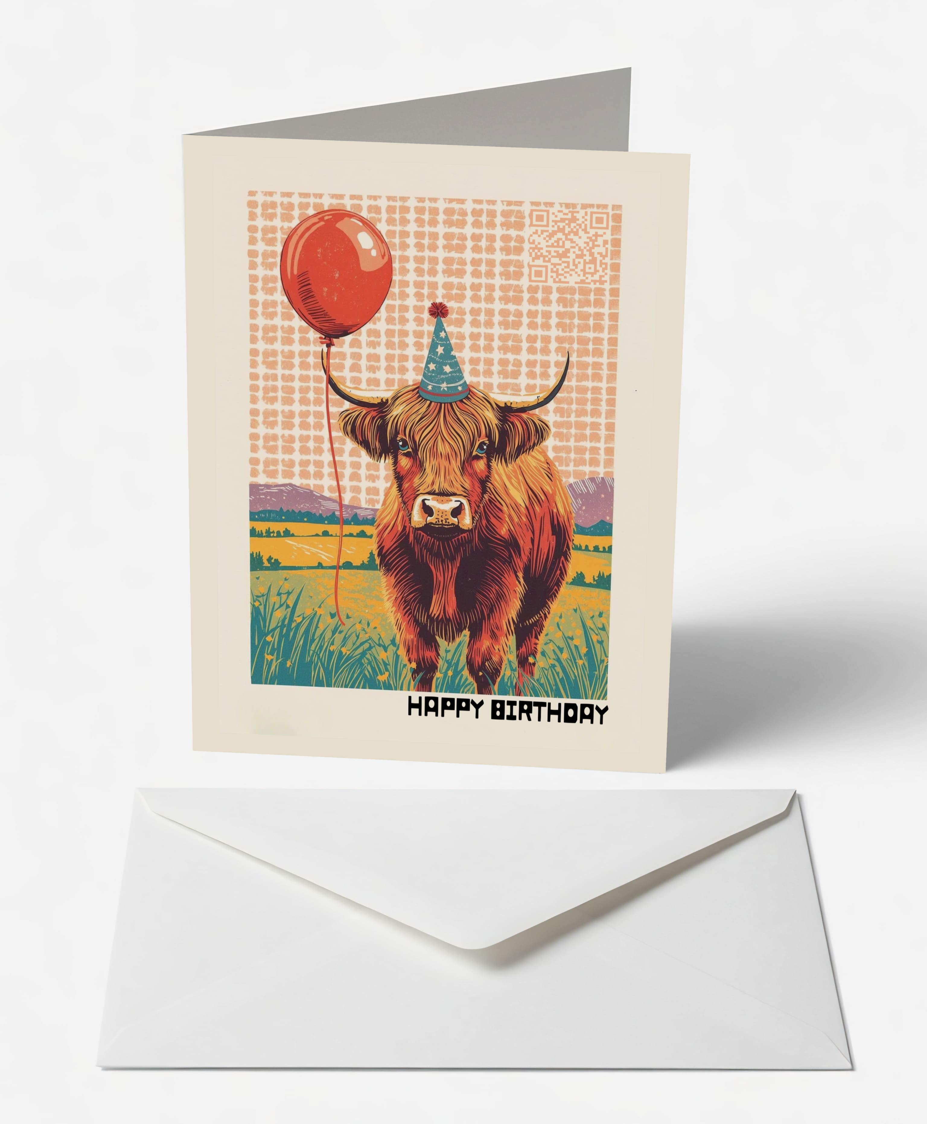 Scanimate | Birthday Card | Highland Cow Design | Interactive QR Song | With Envelope | Happy Birthday Greeting Card | Him/Boys/Men
